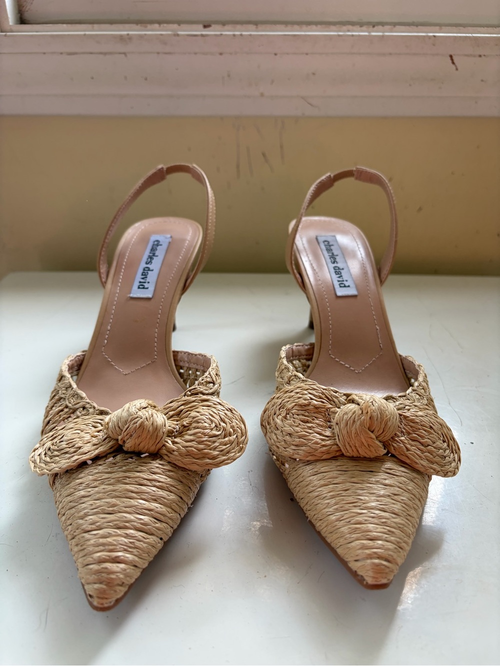 Charles David Beige Woven Slingback Pointed-Toe Heels - Picture 2 of 6